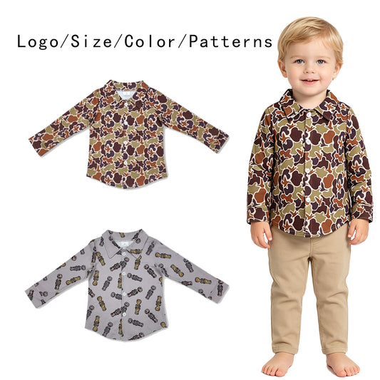RTS NO MOQ Sibling milk silk Baby Boys Camo Down Long Sleeve Shirt Fall Casual Top
