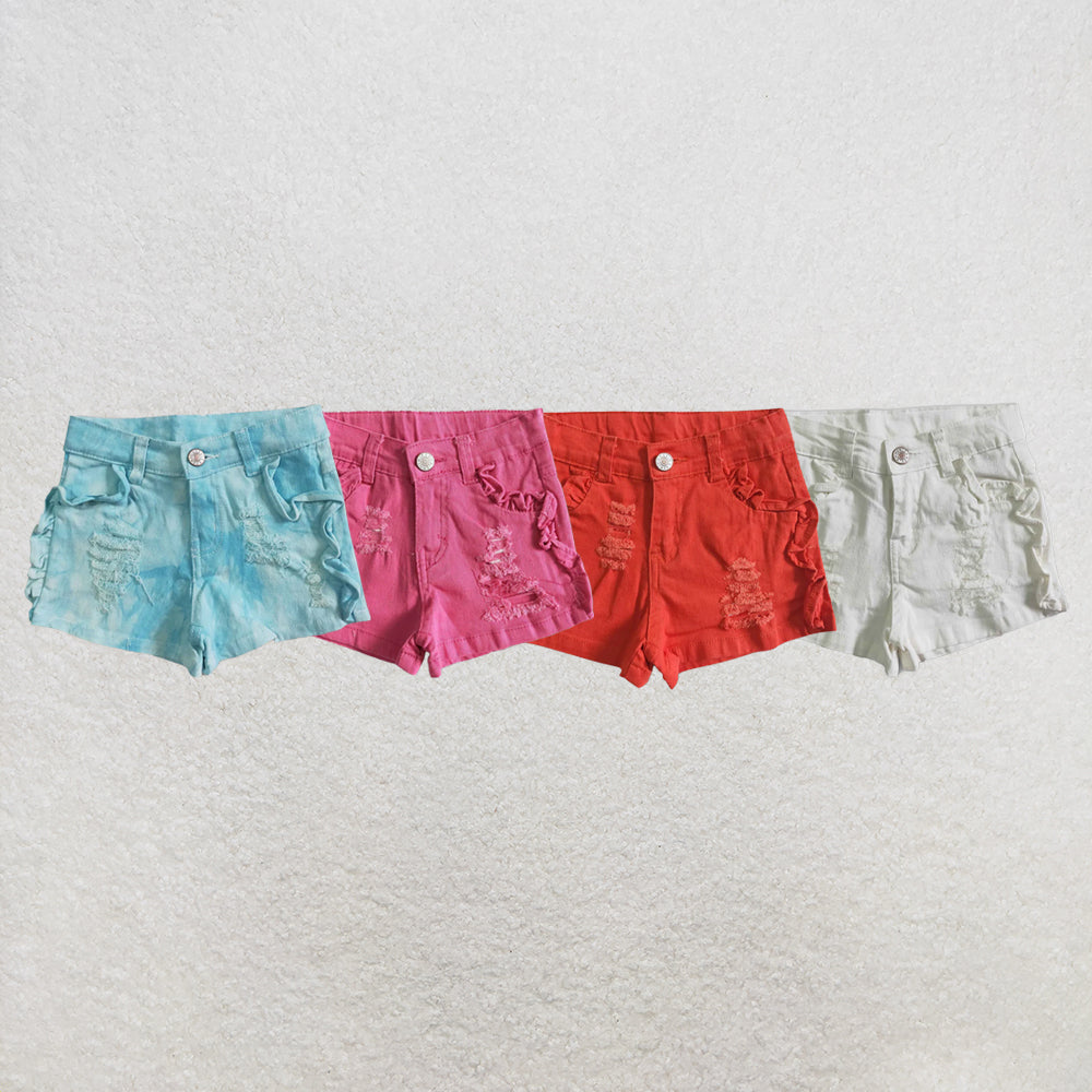 RTS NO MOQ Sibling Baby Girls turquoise color summer ruffle denim shorts
