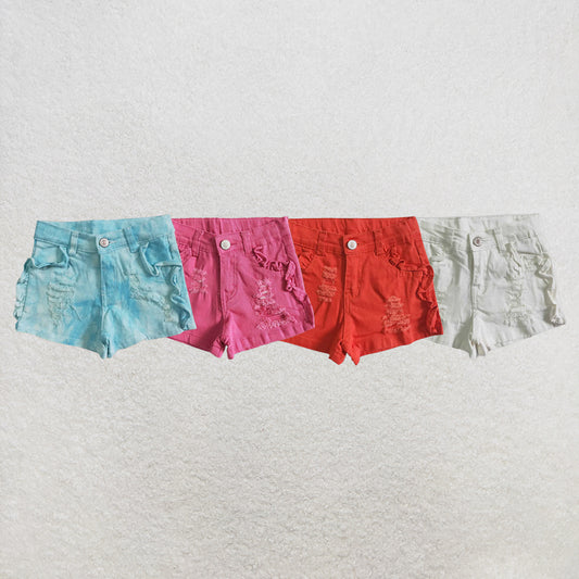 RTS NO MOQ Sibling Baby Girls turquoise color summer ruffle denim shorts