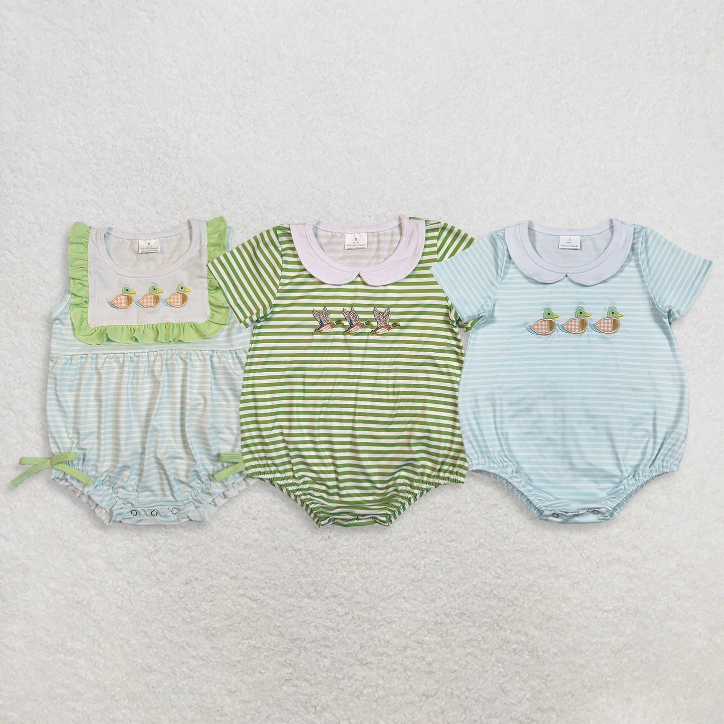 RTS NO MOQ Sibling Baby Boys Girls Cute Duck Embroidery Green Stripe Hunting Collar Rompers