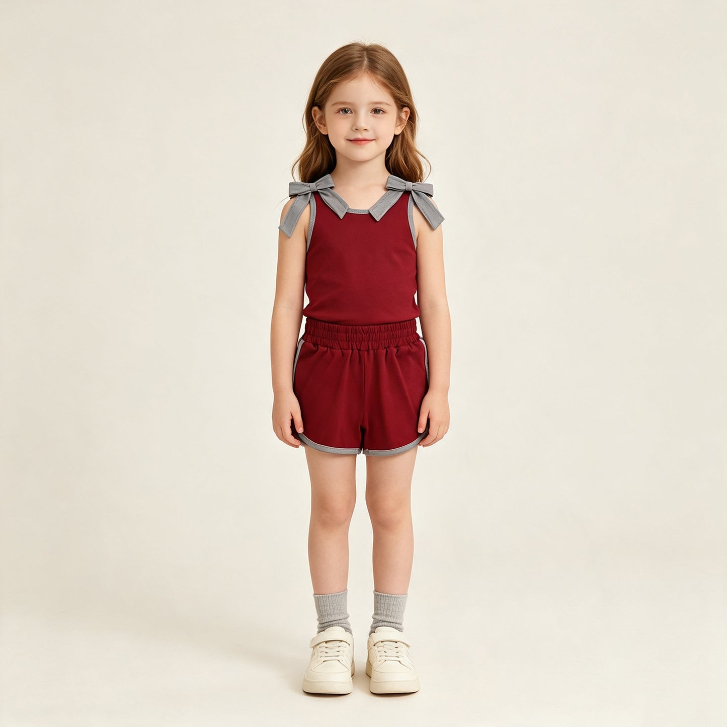RTS No moq cotton GSSO3820 Baby Girls Grey Bows Maroon Sleeveless Top Short Clothes Sets