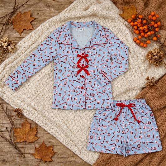 NEW RTS NO MOQ milk silk GLS0114 Adult Women Christmas Bow Tree Button Pocket Top Shorts Pajamas Sets（副本）