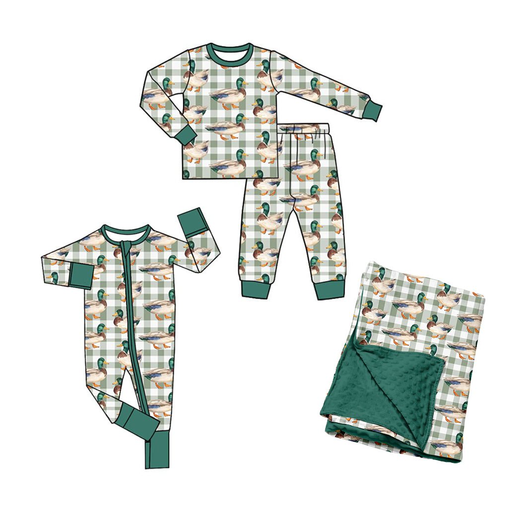 (Preorder new) No moq Baby Boys Green Checked Ducks Long Sleeve Matching Pajamas Set Romper Blankets