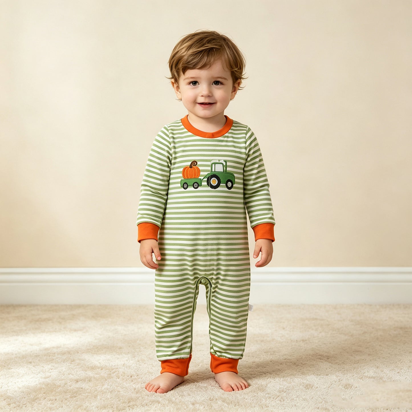 NEW RTS NO MOQ milk silk LR3036 Embroidery Baby Boys Farm Green Stripe Pumpkin Truck Long Sleeve Rompers