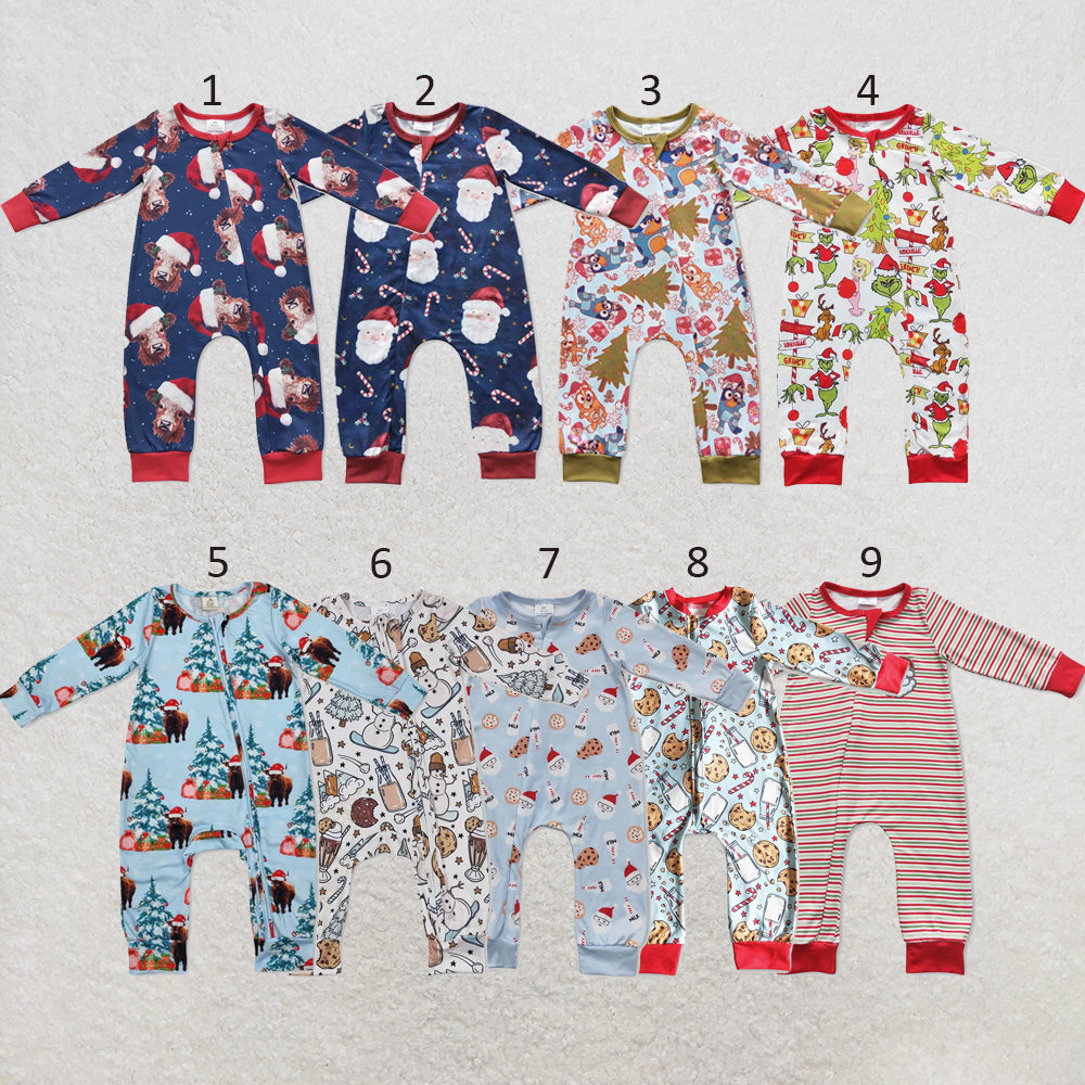 RTS NO MOQ Sibling milk silk Baby Boys Girls Long Sleeve Christmas Print Zip Up Rompers