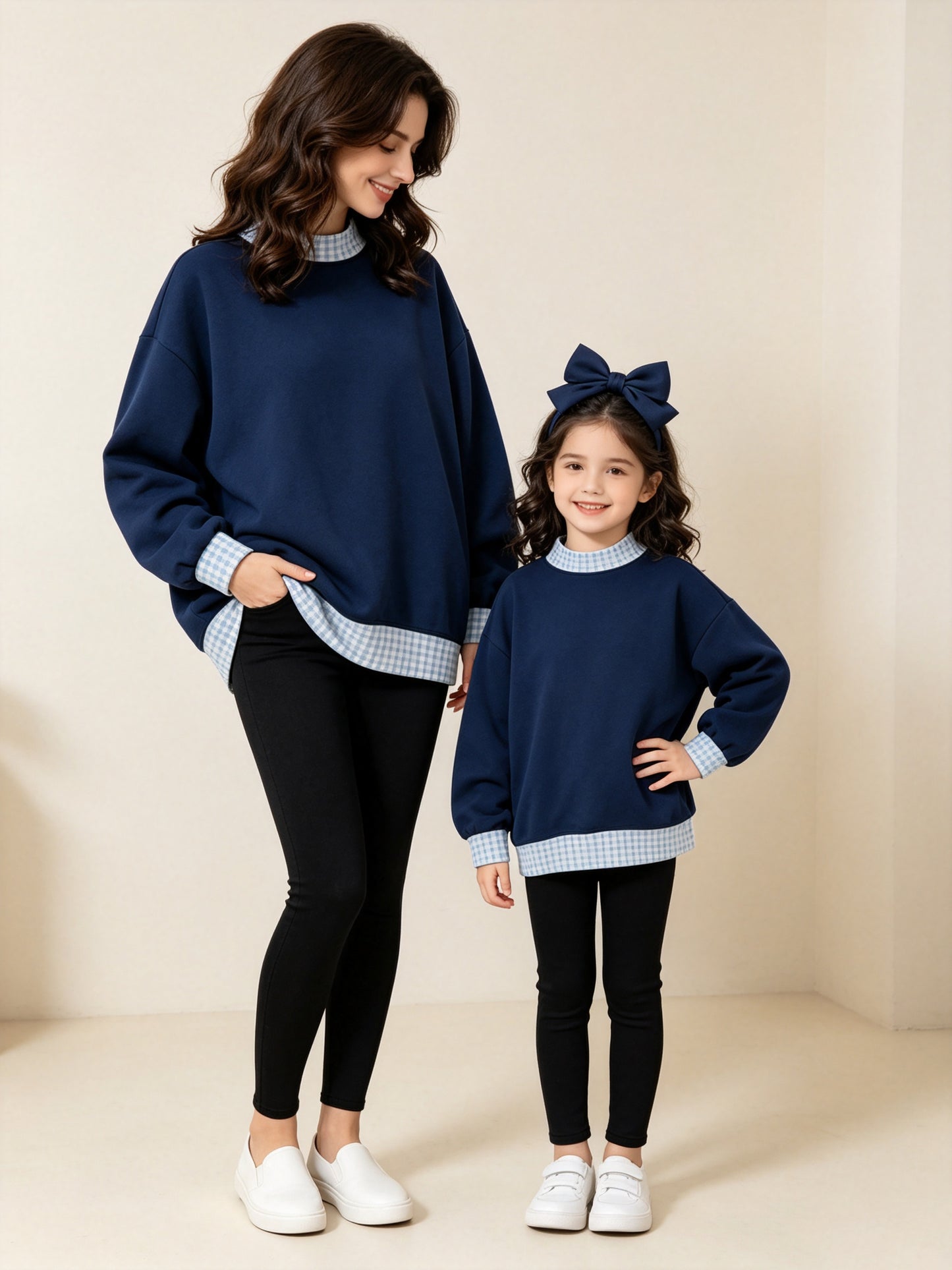 (Preorder new) No moq Kids And Adult Navy Blue Long Sleeve Crew Neck Casual Top