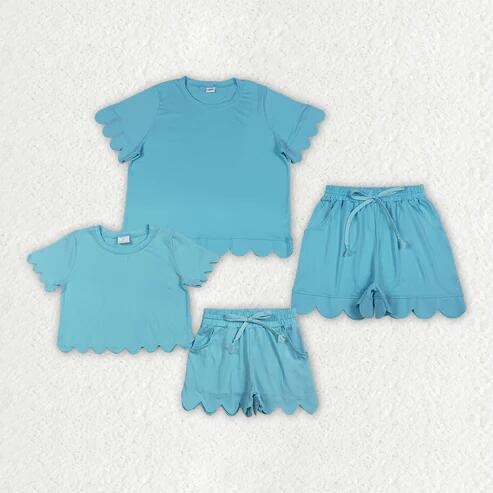 RTS NO MOQ Sibling  Mom And Me Blue  Short Sleeve Top With Pockets Scallop Shorts Sets