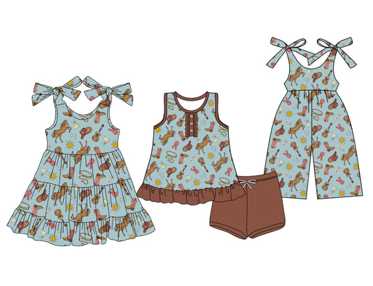 3.15 custom each style moq 5eta 4-6week Sibling Sistern boot hat horse baby girl short sleeve shorts sets and dresses and jumpsuit match design