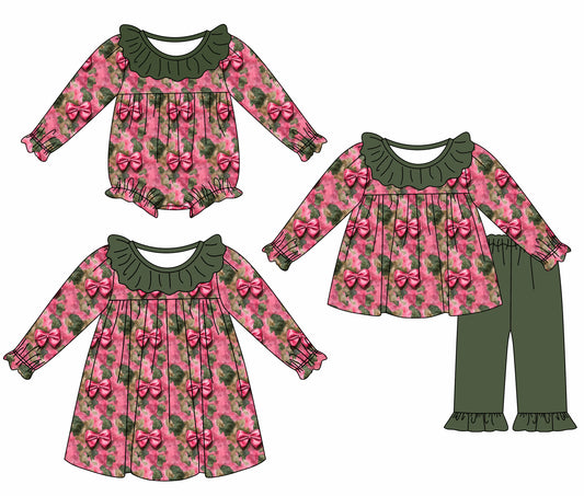 25.5.17 custom each style moq 5eta 4-6week Sibling Sisters bow baby girl long sleeve pants sets and dress and rompers match family design