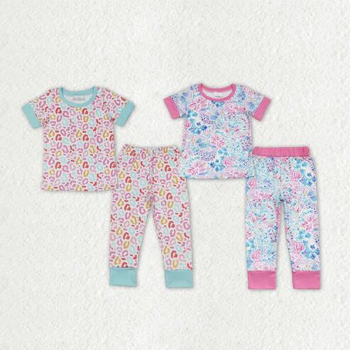RTS NO MOQ Sibling Baby Girls Floral Leopard Short Sleeve Top And Pants Pajamas Set
