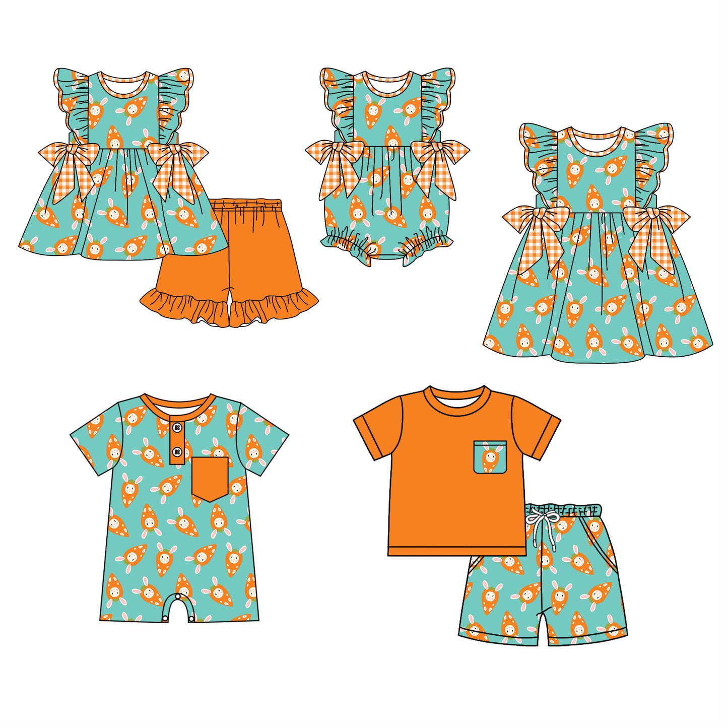 25.12.5 custom each style moq 5 eta 6-8week Sibling Sister bunny baby short sleeve shorts sets 2 and romper 2 and dress match design