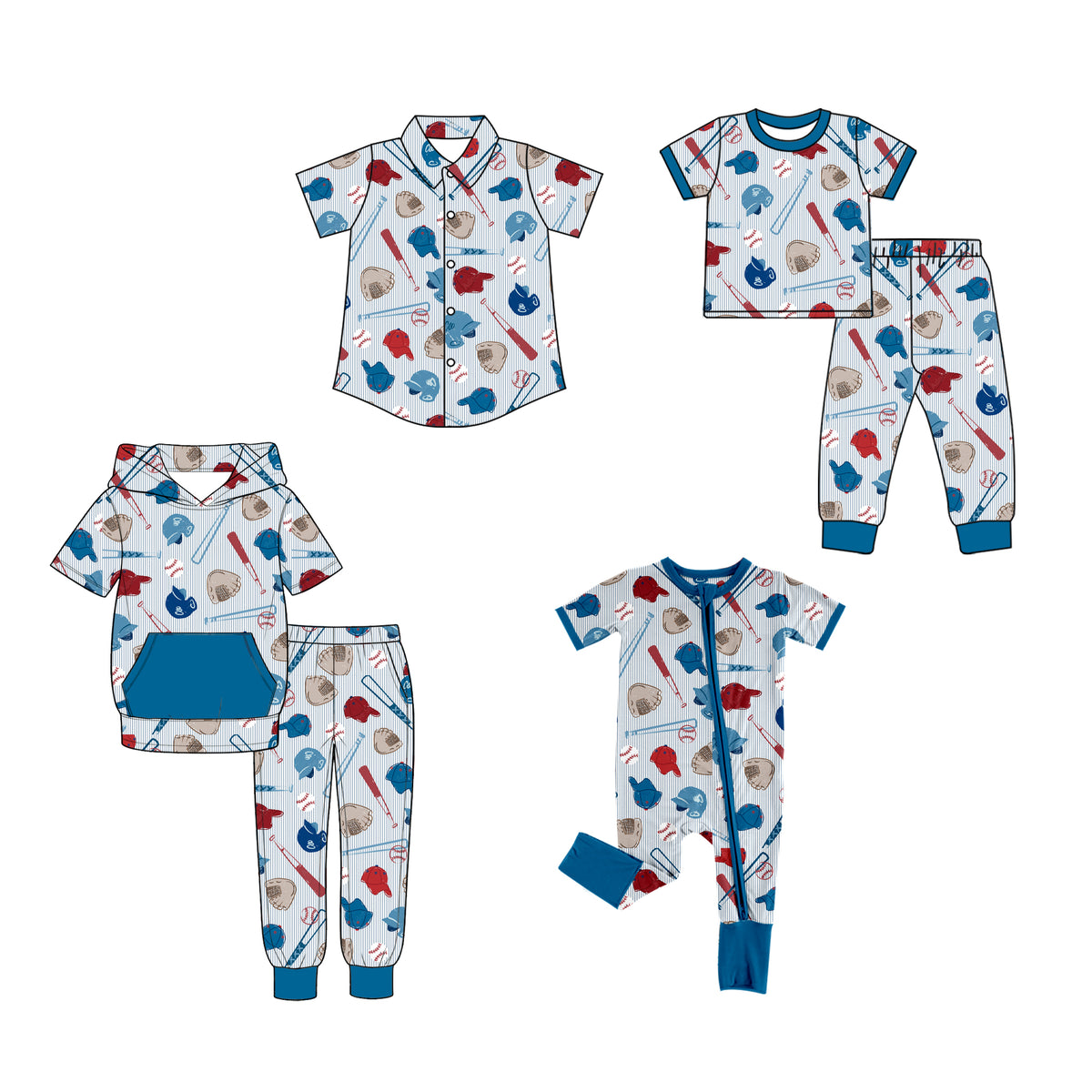 (Preorder new) No moq Baby Boys Baseball Print Sets Short Sleeve Button Shirt Pjs Hoodie Pant And Zipper Romper