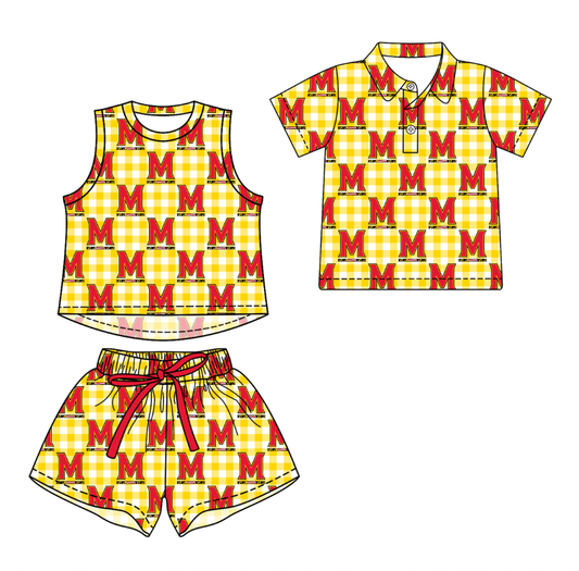 Custom moq 5 mix size milk silk summer teams Girls Sleeveless Yellow Checked Top And Short Sets Boys Checked Short Sleeve Button Polo Shirt Top