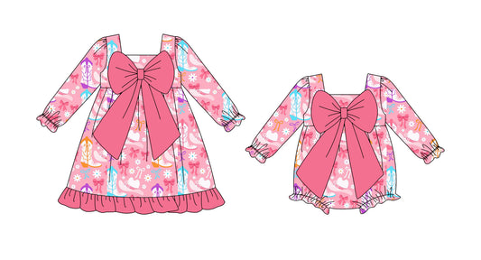 25.9.24 custom each style moq 8 eta 6-8week Sibling Sisters boot bow baby girl long sleeve dress and rompers match family design