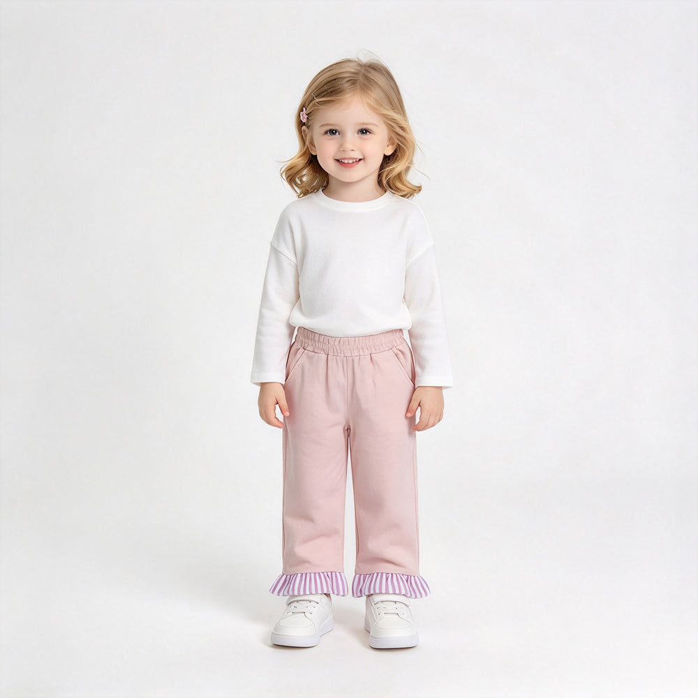 RTS NO MOQ Sibling cotton Baby Girls Solid Color Wide Leg Pants With Stripe Ruffle Hem And Striped Drawstring