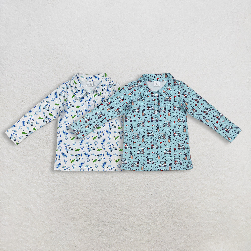 RTS NO MOQ Sibling baby boy clothes Golf teal button-down long-sleeved tops