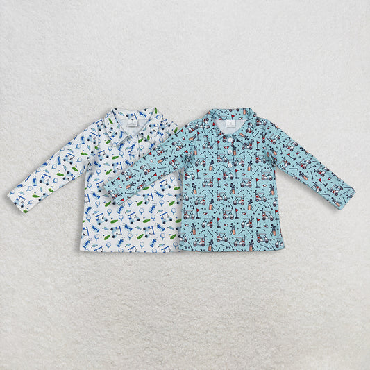 RTS NO MOQ Sibling baby boy clothes Golf teal button-down long-sleeved tops