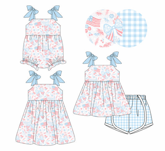 4.4 custom each style moq 5eta 4-6week Sibling Sisters Flag bow baby girl short sleeve shorts sets and dress and rompers match family design