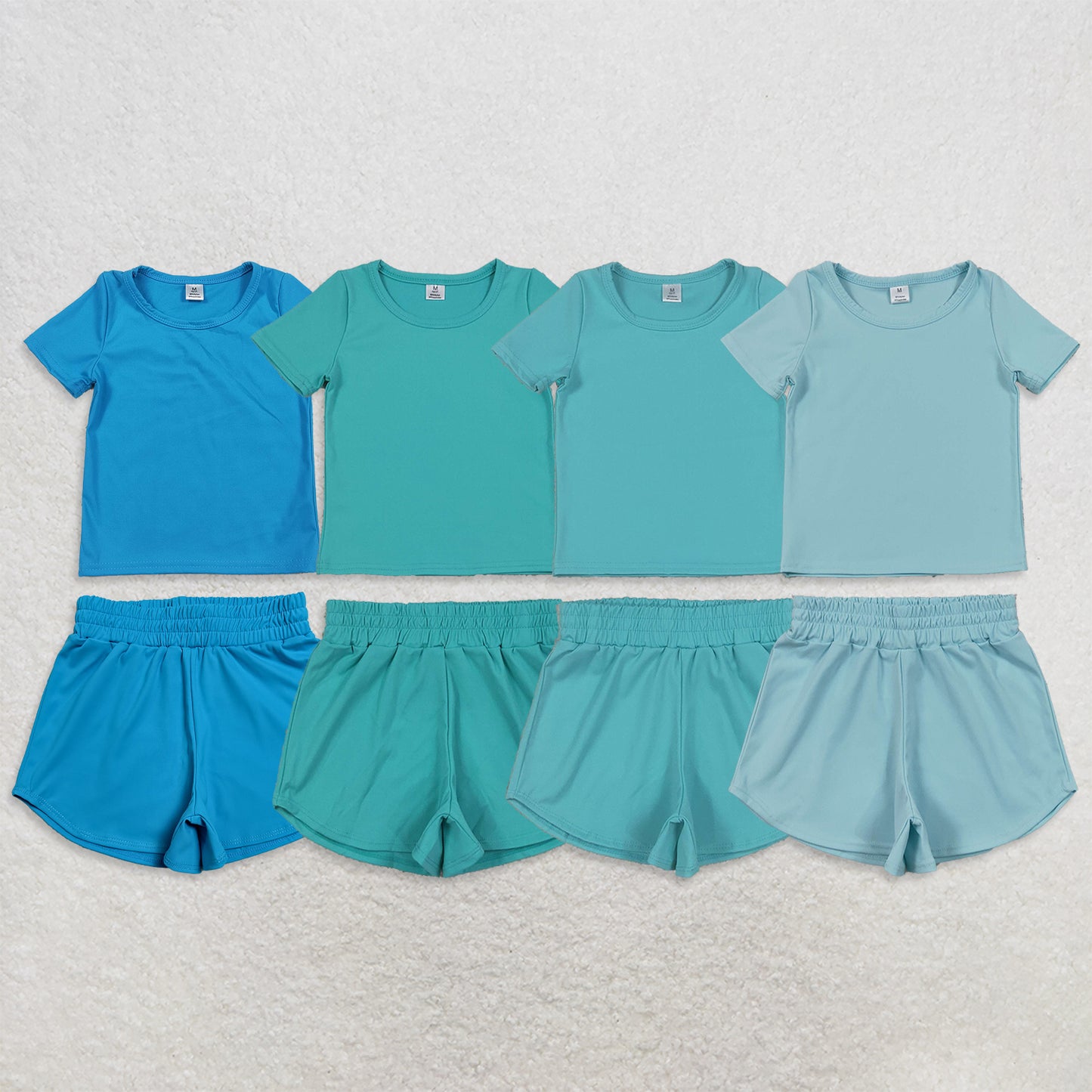 RTS NO MOQ Sibling yoga Baby Girls Blue Aqua Short Sleeve Yoga Active Top Shorts Set