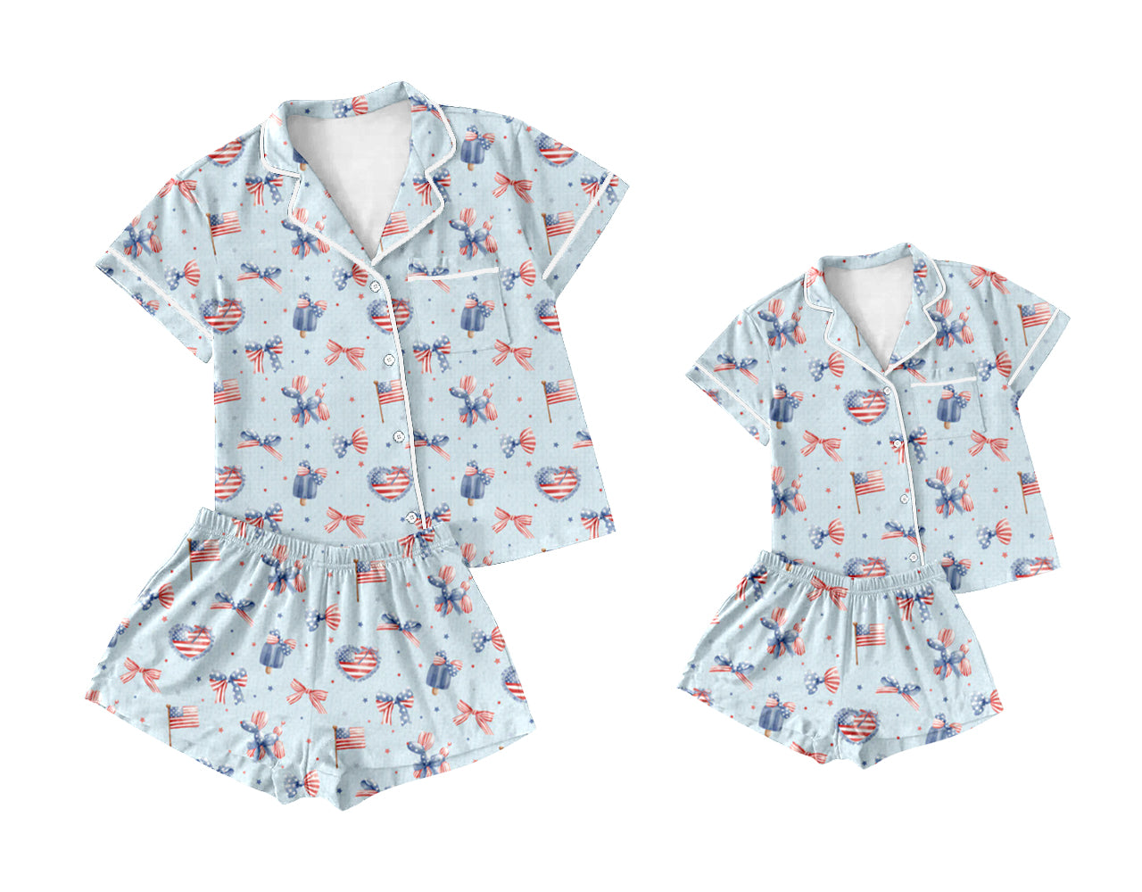 11.25 custom each style moq 5eta 4-6week Sibling Sister 4th of july bow baby boys short sleeve shorts sets and adult sets match design