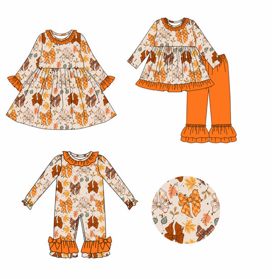 25.7.19 custom each style moq 5eta 4-6week Sibling Sisters bow orange baby girl long sleeve pants sets and dress and rompers match family design