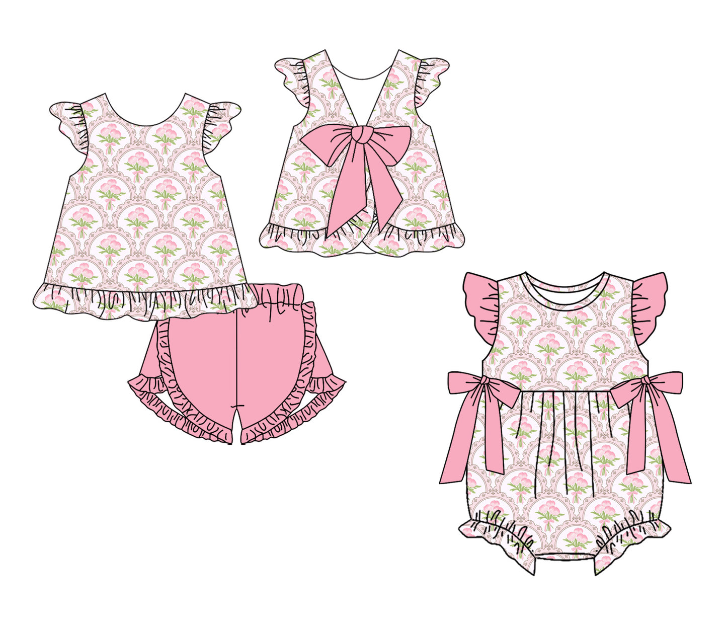 3.13 Custom moq 5 mix size Sibling Baby Girl's Pink Flutter-Sleeved Top And Shorts Set with Matching Flutter-Sleeved Romper Outfit Set
