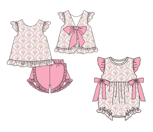 3.13 Custom moq 5 mix size Sibling Baby Girl's Pink Flutter-Sleeved Top And Shorts Set with Matching Flutter-Sleeved Romper Outfit Set