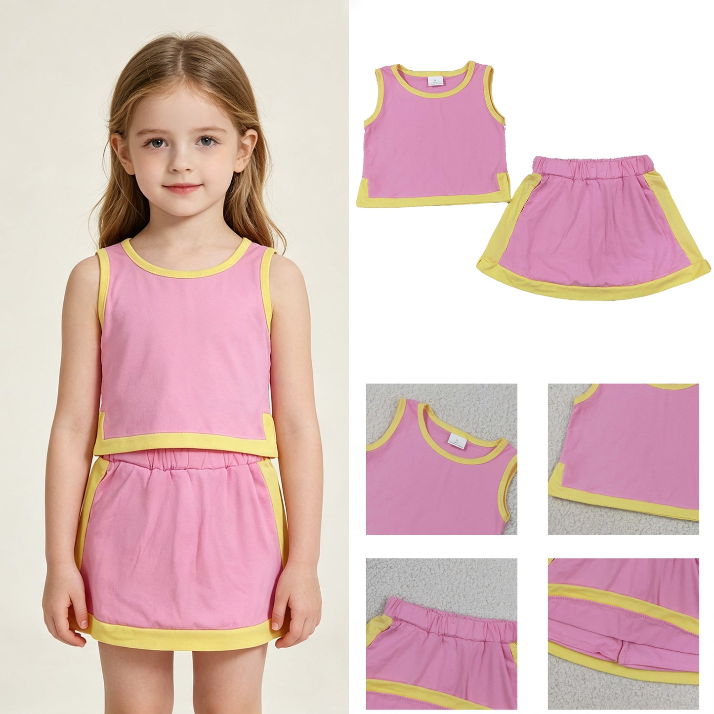 RTS No moq cotton GSD4187 Baby Girls Pink Yellow Sleeveless Vest Top Skirt Short Clothes Sets