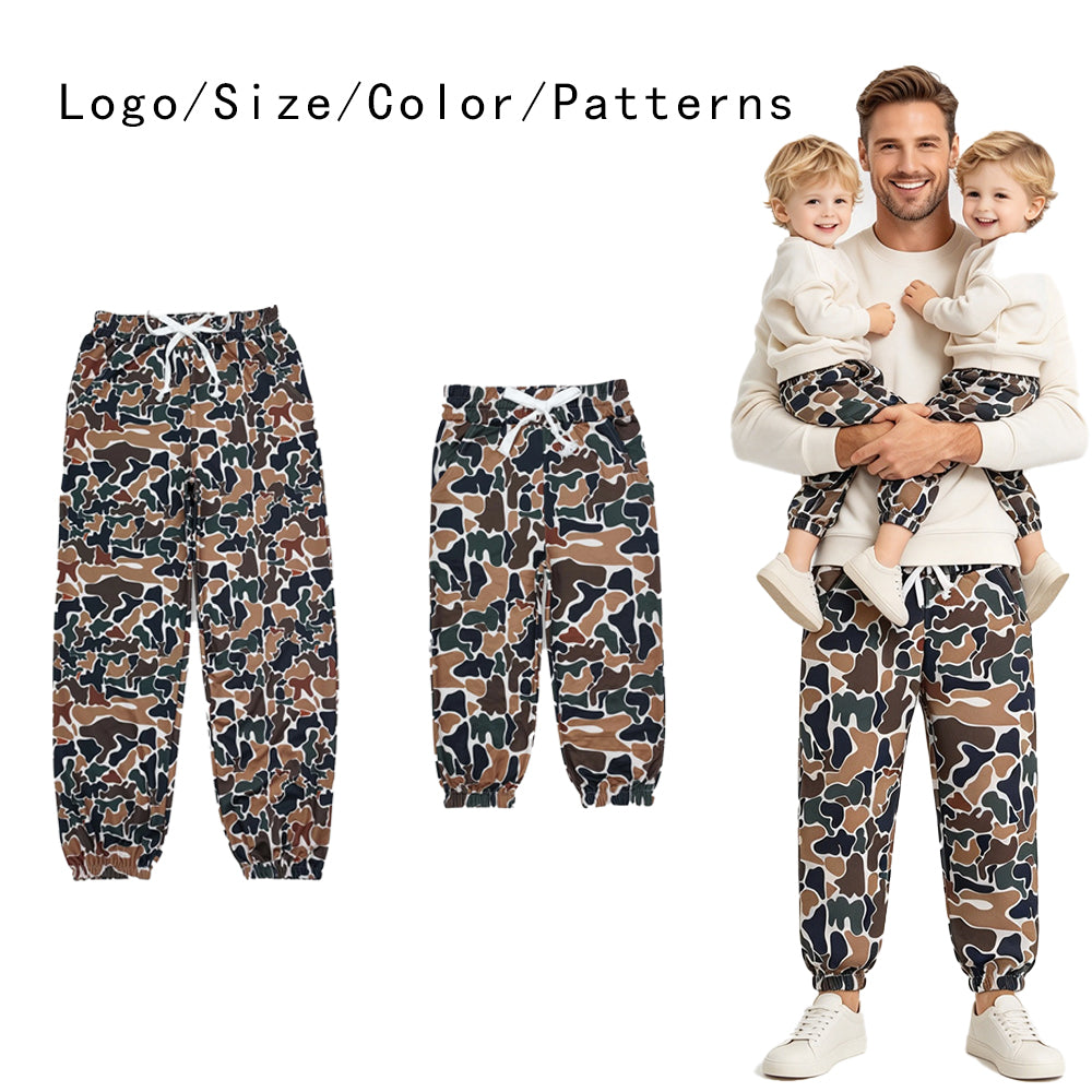 RTS NO MOQ Sibling milk silk Adult To Match Kids Camo Print Drawstring Jogger Pants Elastic Cuff Camouflage Trousers