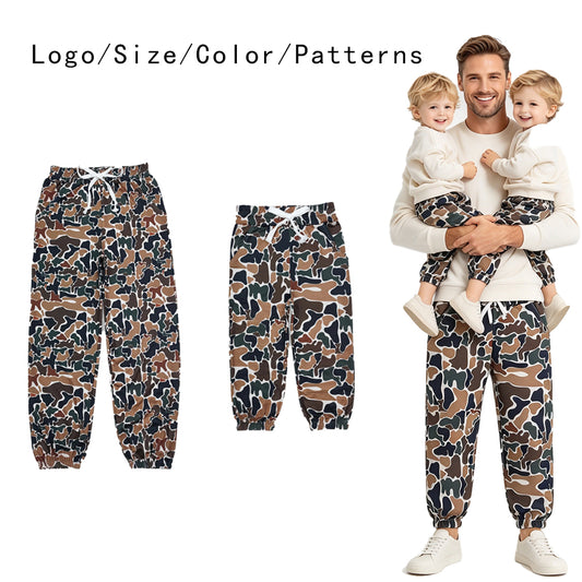 RTS NO MOQ Sibling milk silk Adult To Match Kids Camo Print Drawstring Jogger Pants Elastic Cuff Camouflage Trousers