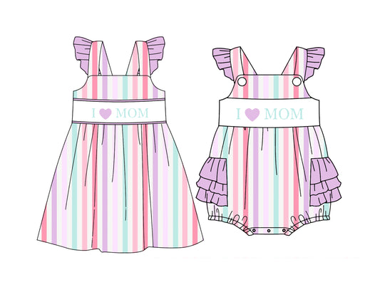 Custom moq 5 mix size Sibling I Love Mom Striped Sleeveless Romper for Baby Girls Cute Summer Outfit for Little Ones