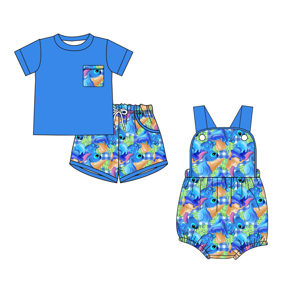 3.12 Custom moq 5 mix size Sibling Cute Clothes Baby Boys Blue Romper Short-Sleeved Top And Shorts Set Summer Outfit