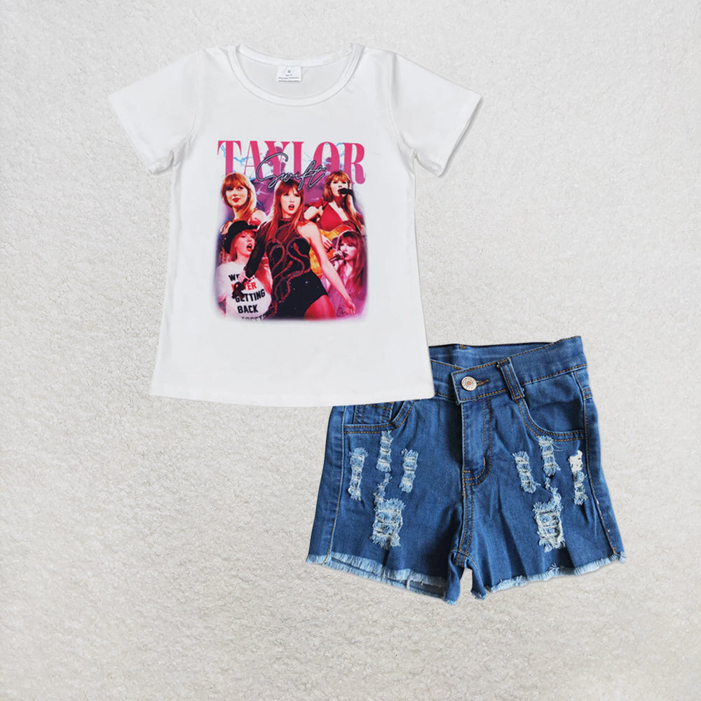 RTS NO MOQ milk silk GT0604+B6-2 Baby Girls White Concert Singer Short Sleeve Tee Shirts Tops navy distressed denim shorts Set