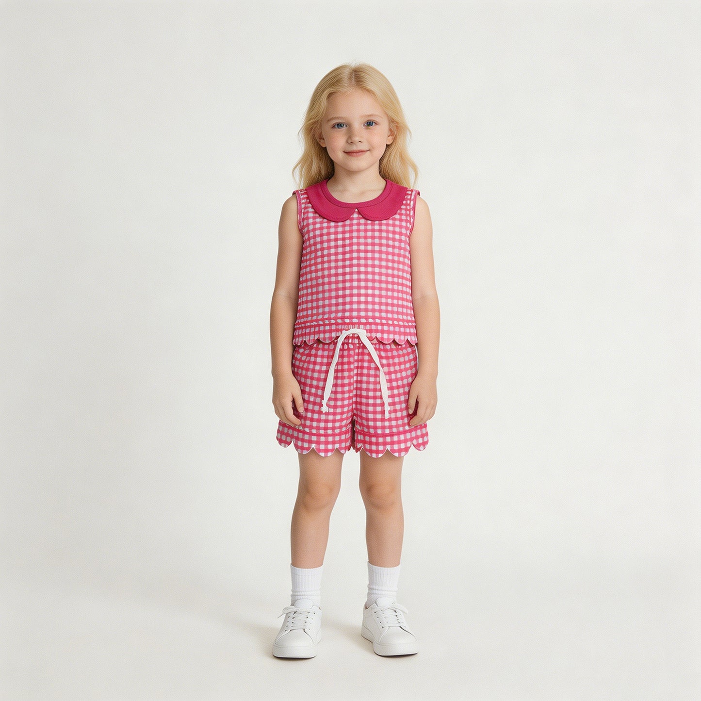 RTS NO MOQ milk silk GSSO3395 Baby Girls Cute Hot Pink Plaid Collar Sleeveless Two Piece Outfit