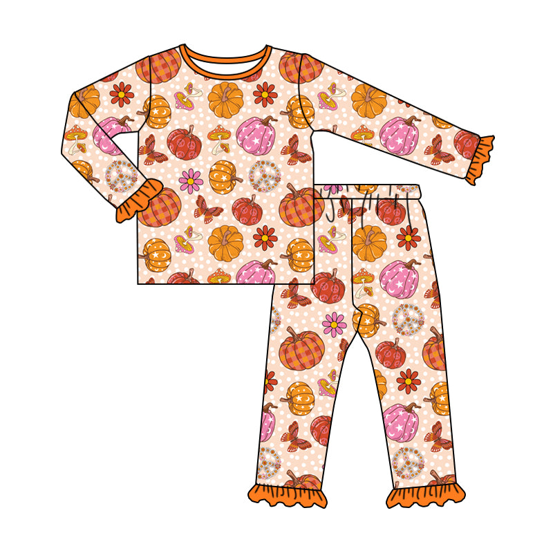6.12 custom each style moq 5eta 4-6 week Sibling Sister pumpkin orange baby girls pajamas outfits and romper match family design