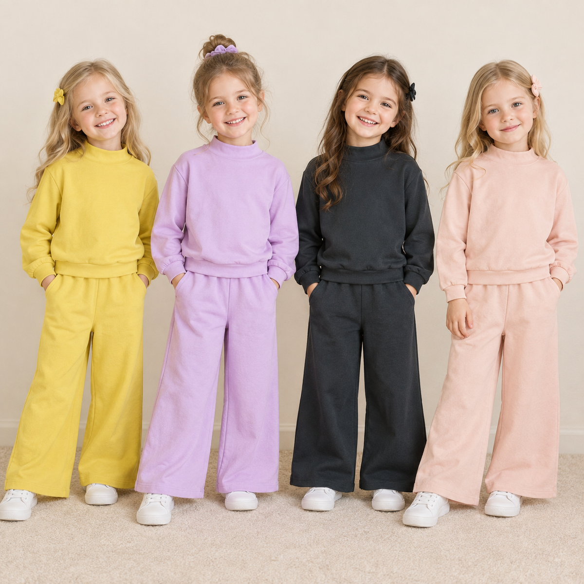 RTS NO MOQ Sibling cotton Baby Girls High Neck Solid Ruffle Mock Neck Long Sleeve Top And Wide Leg Pant Outfit Set