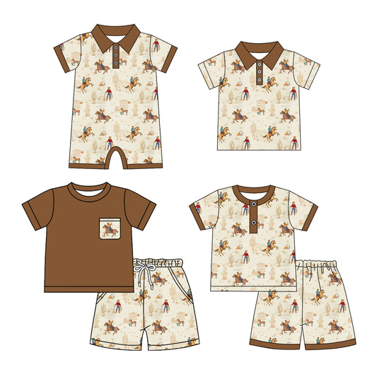 25.12.29 custom each style moq 5 eta 6-8 week Sibling Sister riding horse baby boy short sleeve shorts sets 2 and boy rompers and top match family design