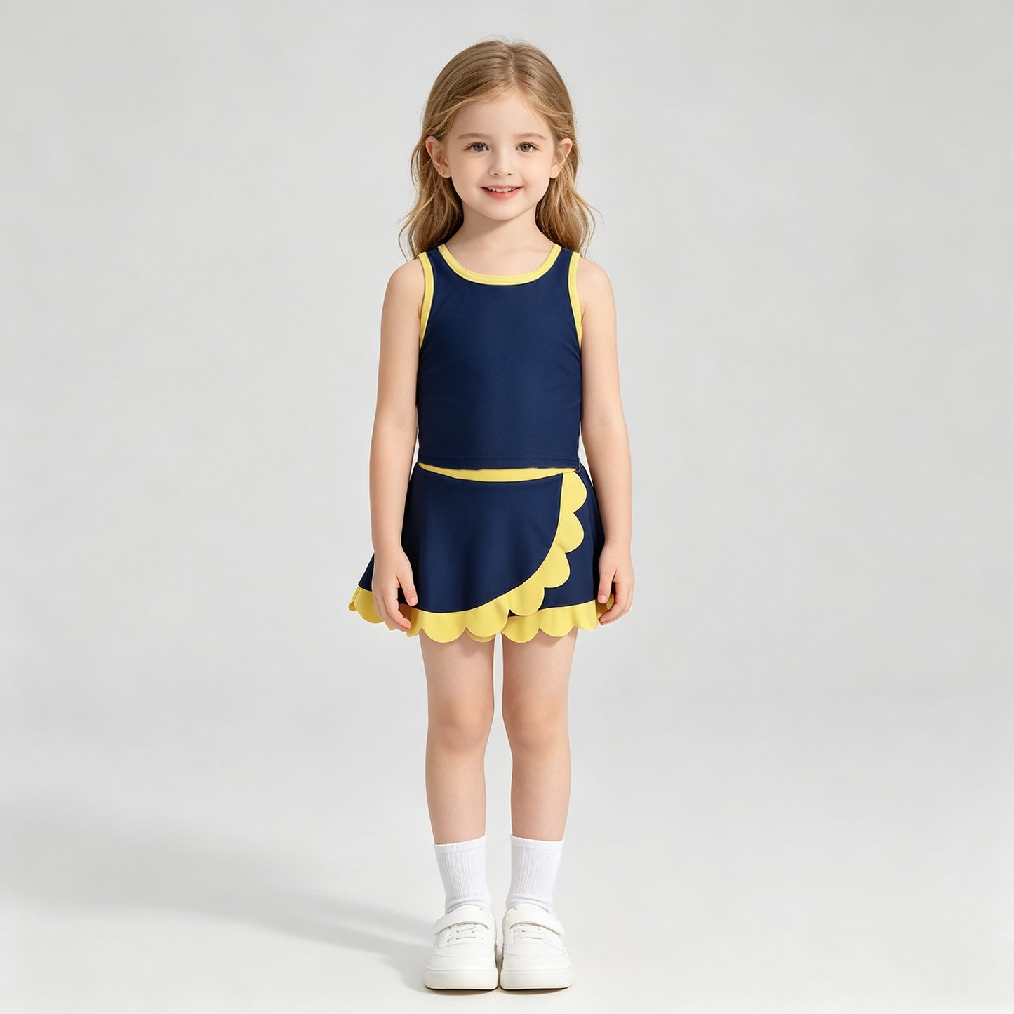NEW RTS NO MOQ yoga fabric cotton GSD4111 Baby Girls Yellow Navy Scallop Trim Vest Skort Yoga Outfit