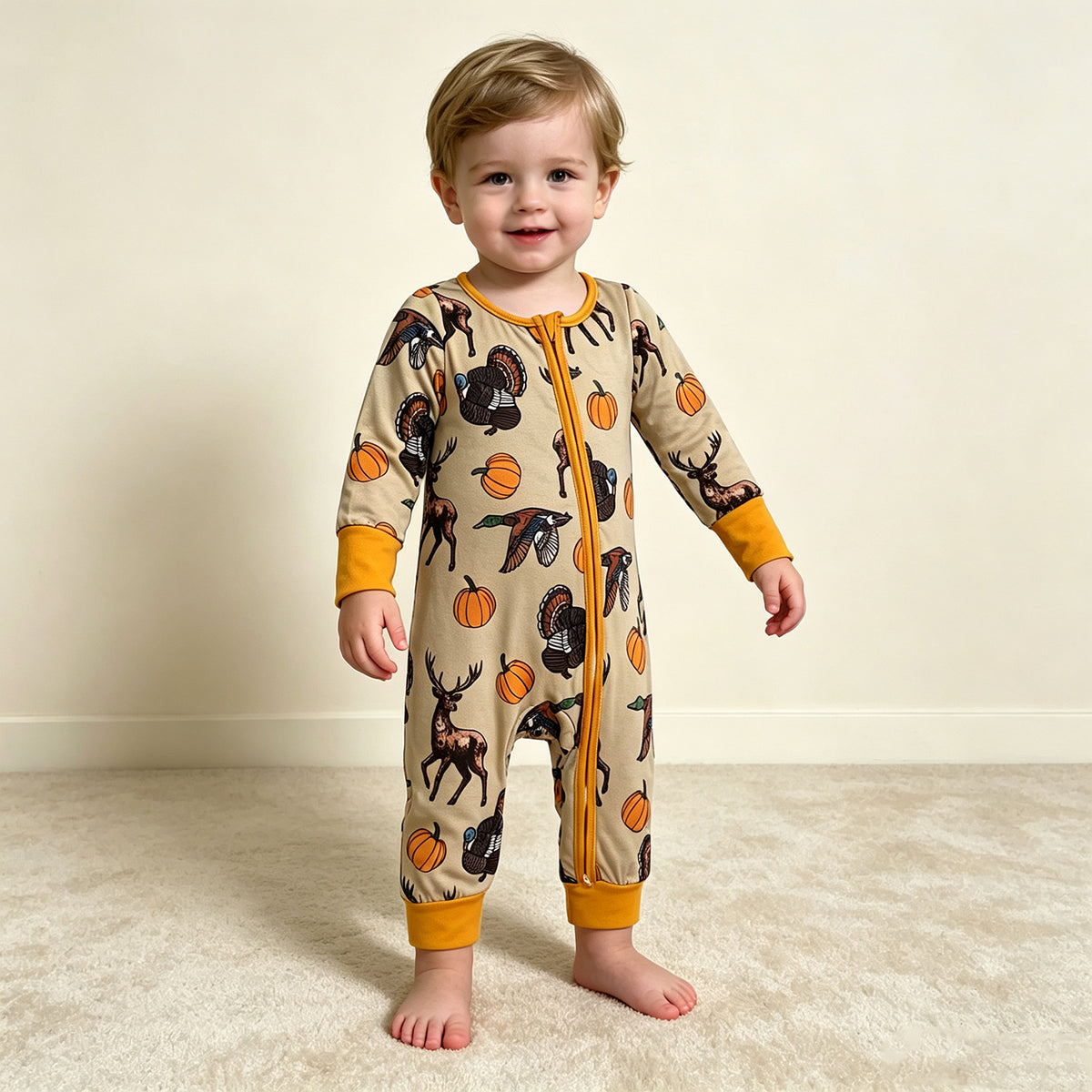 NEW RTS NO MOQ milk silk LR3251 Baby Boys Pumpkins Turkey Ducks Deer Print Two Way Zip Front Convertible Thanksgivings Long Sleeve Romper
