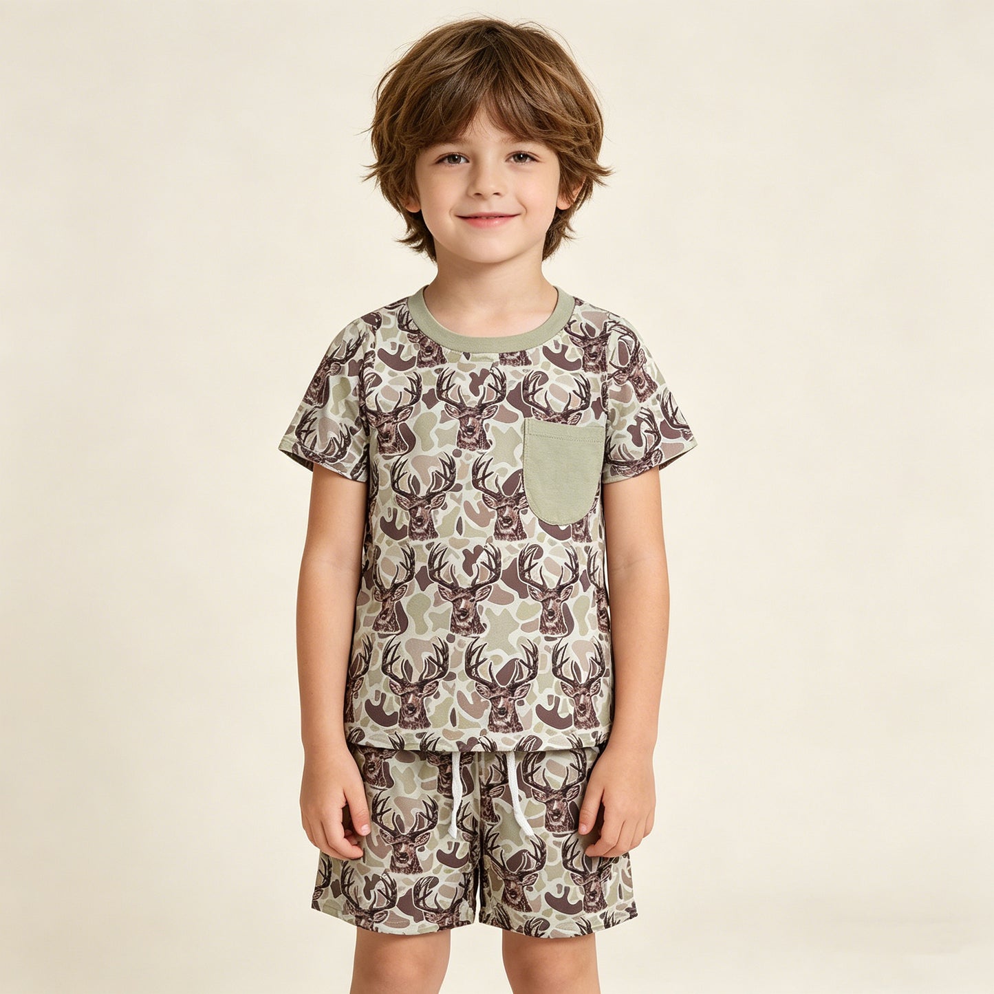 RTS NO MOQ BSSO1794 Baby Boys Khaki Deer Camo Top Shorts Set with Pocket Baby Boys Hunting Clothes Set