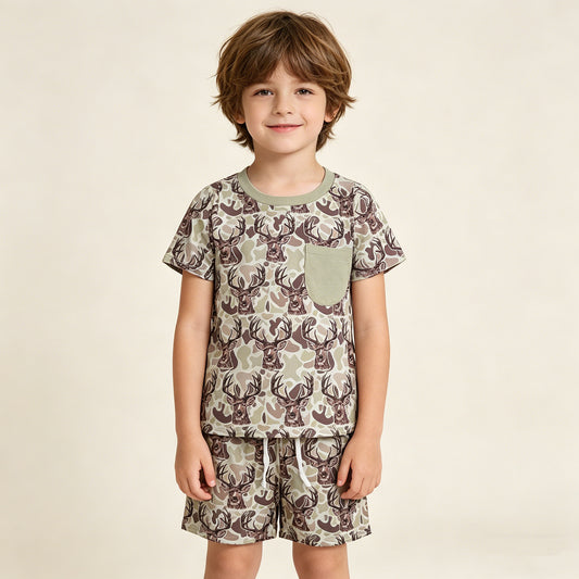 RTS NO MOQ BSSO1794 Baby Boys Khaki Deer Camo Top Shorts Set with Pocket Baby Boys Hunting Clothes Set