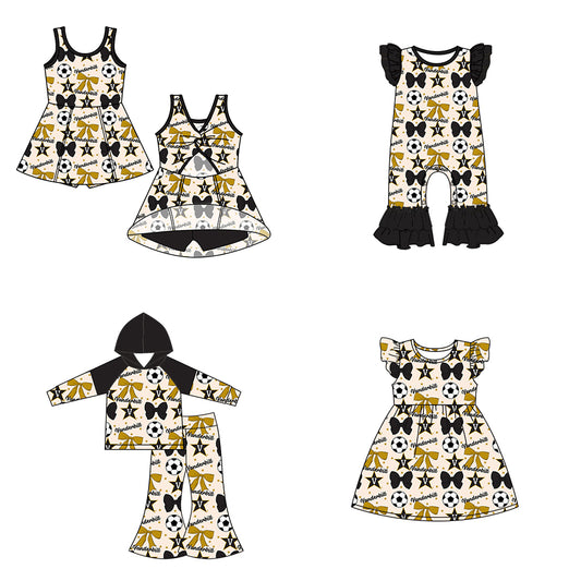 Custom moq 5 each style summer teams baby girls clothes team bow dark blue long sleeve hooded pants sets and dress 1 and dress 2 and romper-25.6.14