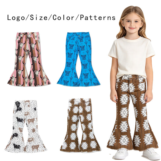 RTS NO MOQ Sibling Denim Baby Girls Cow Western Casual Bell Bottom Denim Pants