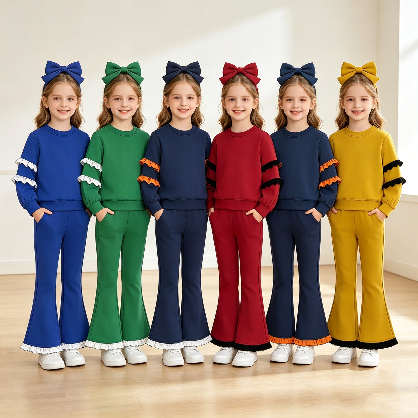 (Preorder new) No moq Baby Girls Solid Color Long Sleeve Top Flare Pants Clothes Set Fall Winter Casual Outfit
