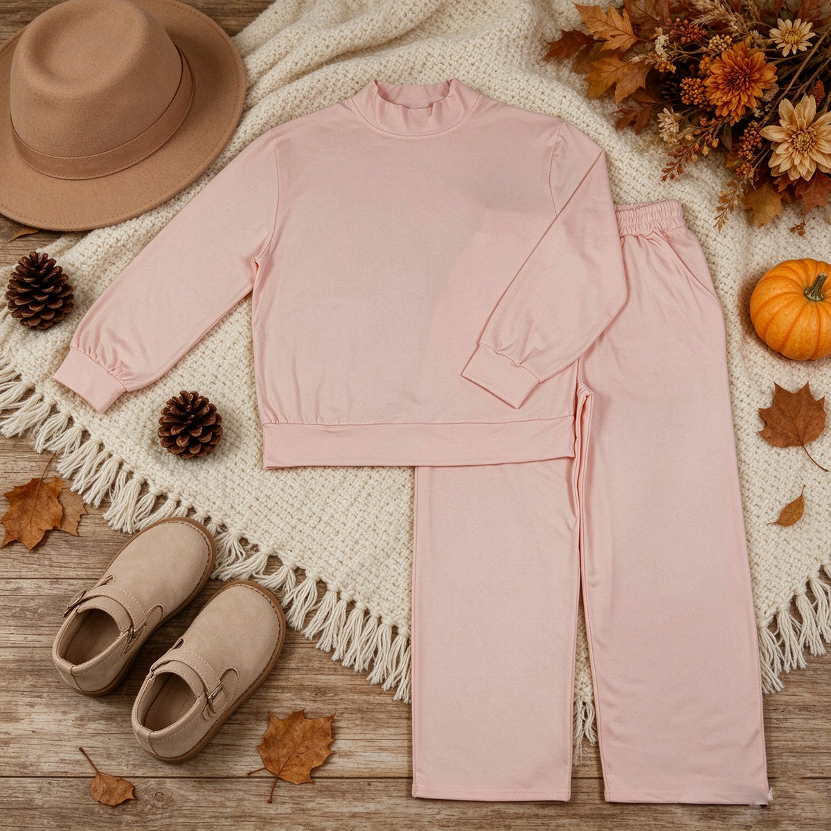NEW RTS NO MOQ cotton GLP3415 Adult Women Light Pink Long Sleeve Top And Flare Pant Fall Set
