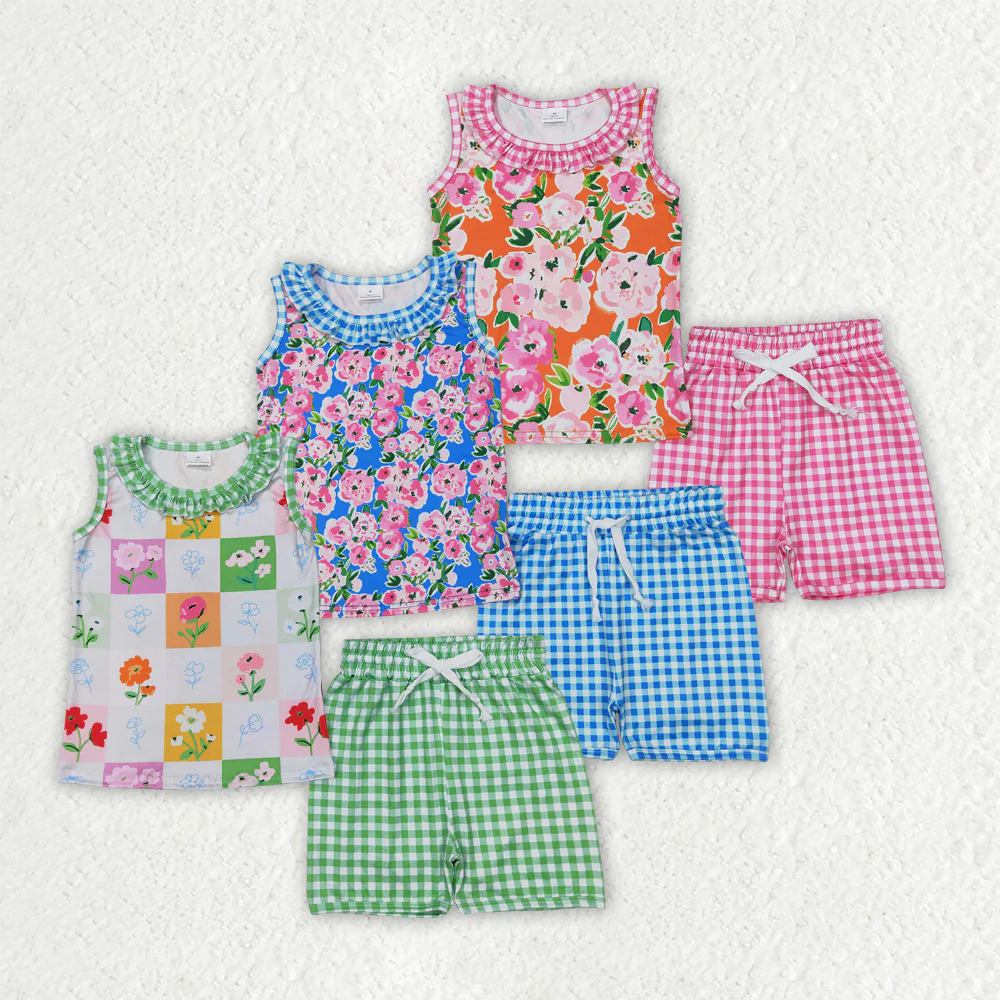 RTS NO MOQ baby girl Clothes floral sleeveless shorts Sets