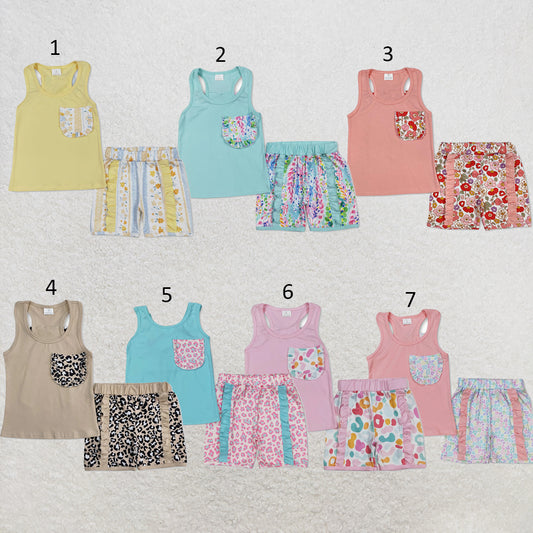 RTS NO MOQ Sibling milk silk Baby Girls Pocket Bow Vest Ruffle Leopard Shorts Clothes Set