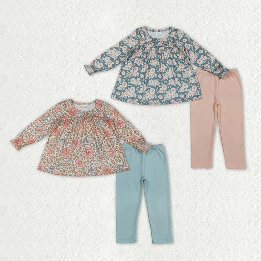 RTS NO MOQ Sibling Baby Girls Colorful Flowers Collar Tunic Legging Pants Set
