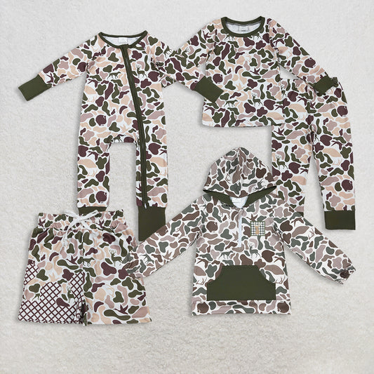 RTS NO MOQ Sibling Baby boys clothes camouflage long-sleeved trousers suit & rompers and top ans shorts
