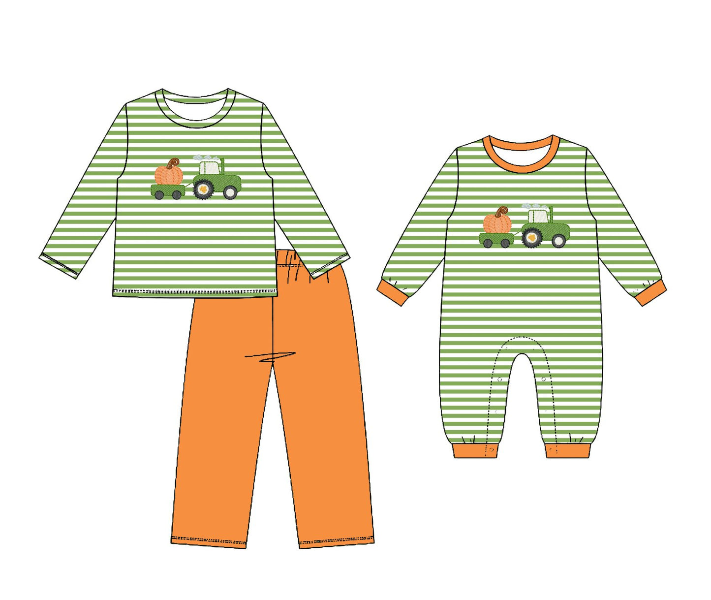 (Preorder new) No moq Embroidery Pumpkin Truck Baby Boys Green Stripe Top Pants Clothes Sets Rompers